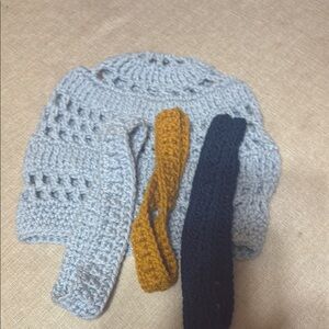 (SALE) Handmade Crochet Womens beanie and Headbands Set - blue, teal and gold